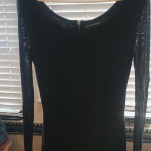 Express Black Long Sleeve Scoop Neck Knit Dress with Sheer Sleeve Detail